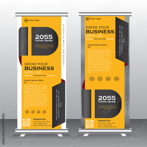 roll-up banner design template, Graphic template roll-up for exhibitions, banner for seminar, layout for placement of photos. Universal stand for conference, promo banner vector background.