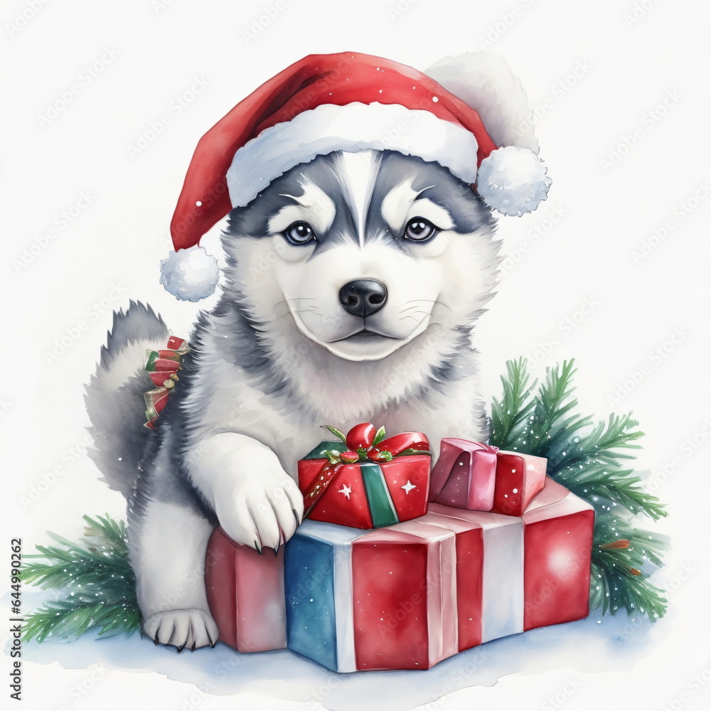 A cute adorable Christmas husky puppy wearing a Santa hat, with presents, watercolor, clipart, white background, watercolor, high-quality photo holiday, festive, Christmas