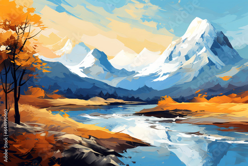  Watercolor style abstract mountain painting, on the surface of a river