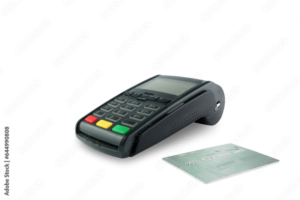 credit card reader pos machine and a credit card isolated on white background in the retail shopping mall credit card reader pos machine and a credit card isolated on white background in the retail shopping mall