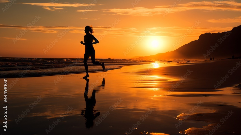 a person running on the beach at sunset