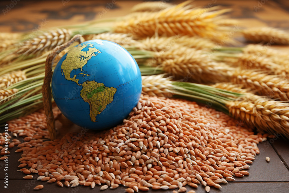 A globe on top of a grains, food security concept - obrazy, fototapety, plakaty 