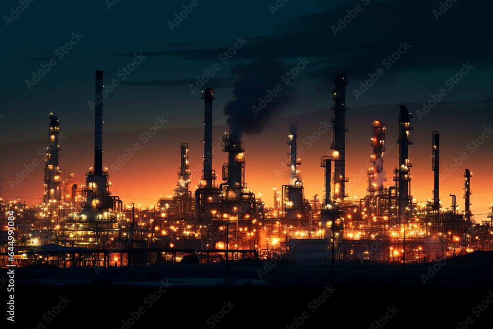 a view of oil refinery during night, industrial concept