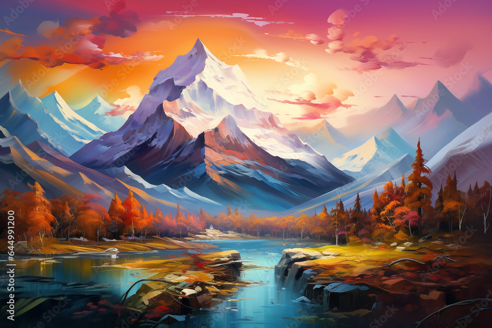  Watercolor style abstract mountain painting, on the surface of a river