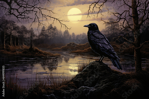 landscape with crow and full moon. 