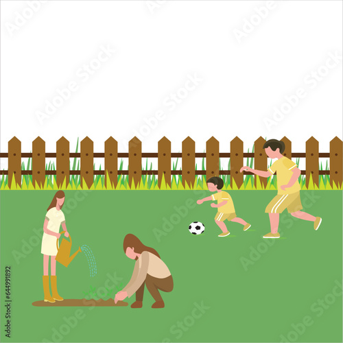 Vector illustration about garden activity with family. mother planting tree with daughter, two boys playing ball. happy family with flat design for presentation