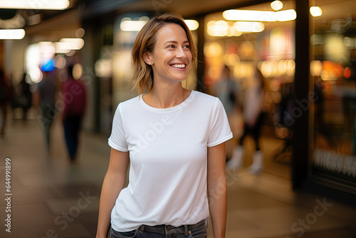 A smiling European woman in her thirties wearing a blank white t-shirt and jeans walking in a shopping center on a blurred background with an illuminated showcase. Mock-up for design. Blank template