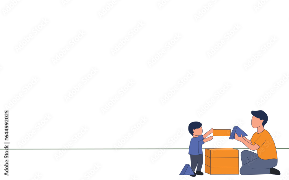 vector illustration of good father concept. father and son playing with blocks. fatherhood, daddy's love flat design for presentation. bottom right object