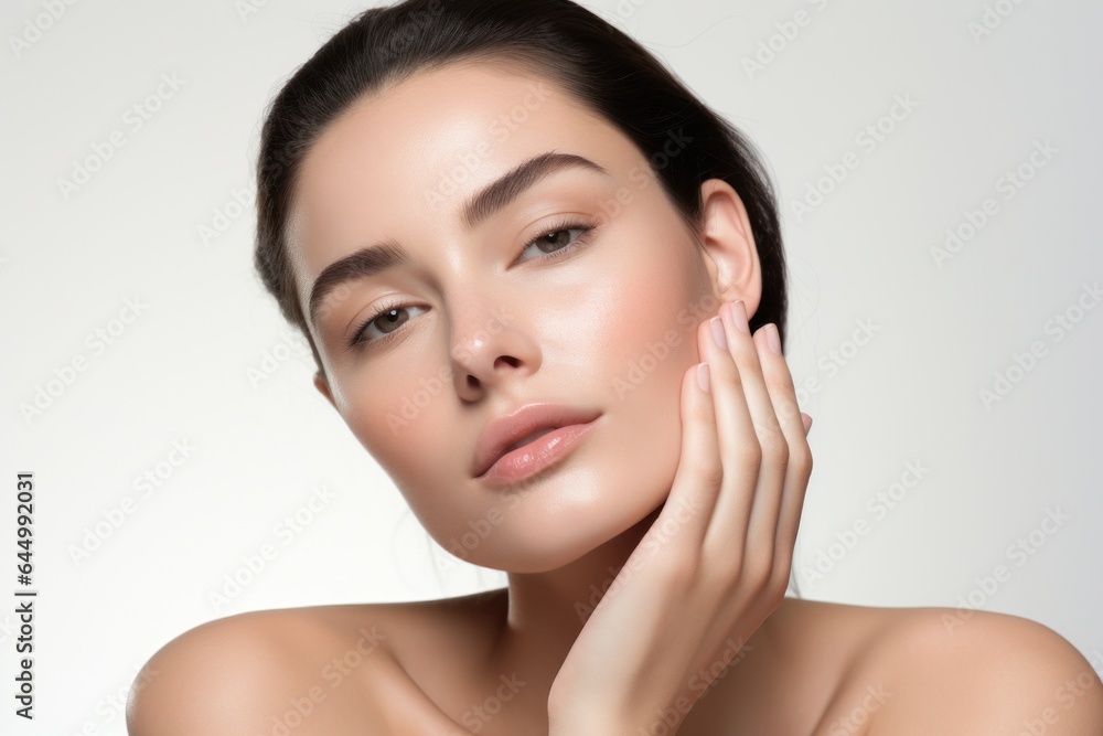Black-haired woman touches her face with her hand, skin care, portrait, advertising, portrait Black-haired woman touches her face with her hand, skin care, portrait, advertising, portrait