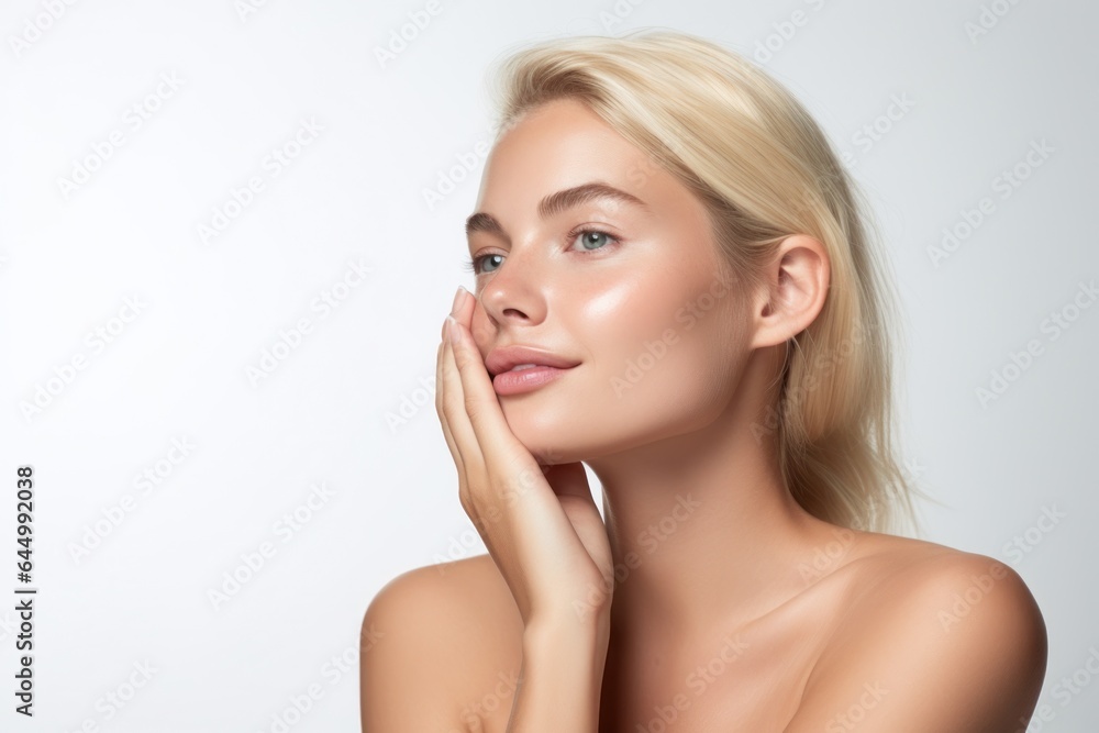 Blonde woman touching her face with her hand, skin care, portrait, advertising, portrait Blonde woman touching her face with her hand, skin care, portrait, advertising, portrait