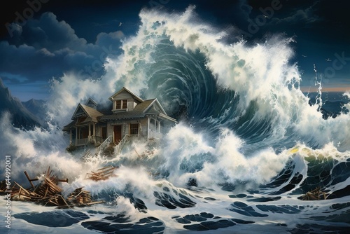 powerful ocean waves crashing into a beachfront house, tsunami depiction. Generative AI