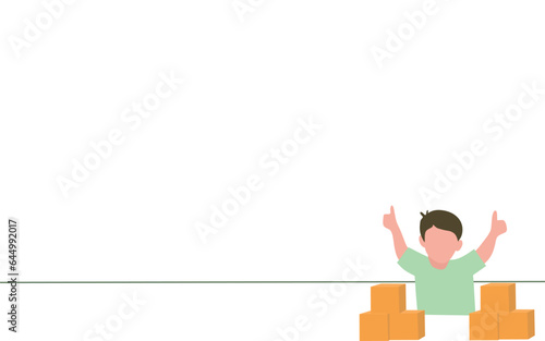 boy succeeds in putting together toy blocks. boy raises 2 thumbs up happily. vector illustration with flat design.