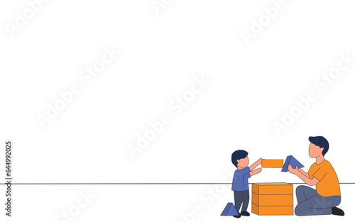 vector illustration of good father concept. father and son playing with blocks. fatherhood, daddy's love flat design for presentation. bottom right object