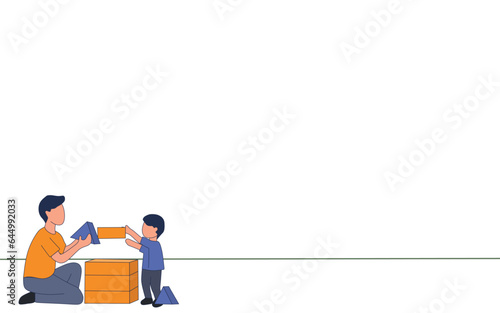 vector illustration of father and son playing with blocks.good father concept. fatherhood, daddy's love flat design for presentation. bottom left object