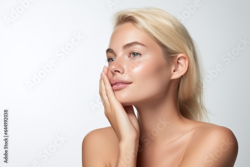 Blonde woman touching her face with her hand, skin care, portrait, advertising, portrait