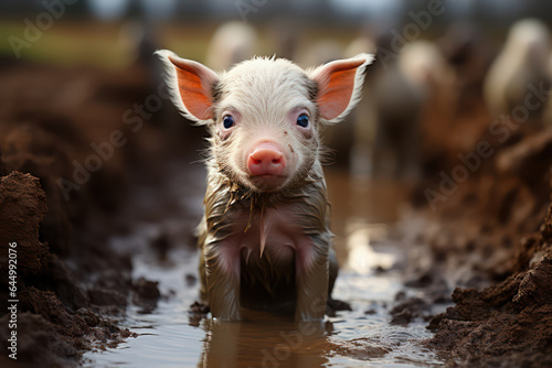 A little piglet is standing in a puddle of mud. A scene on a farm photo