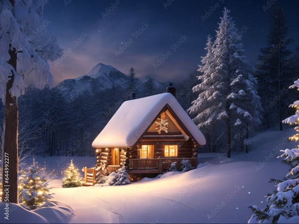 A colorful cozy house covered in snow, middle of the jungle, night, stars on the sky, magical lighting, winter season, Christmas, new year's eve.