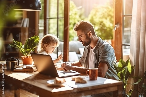 Father working from home, multitasking alongside his joyful child.  Work-life balance.