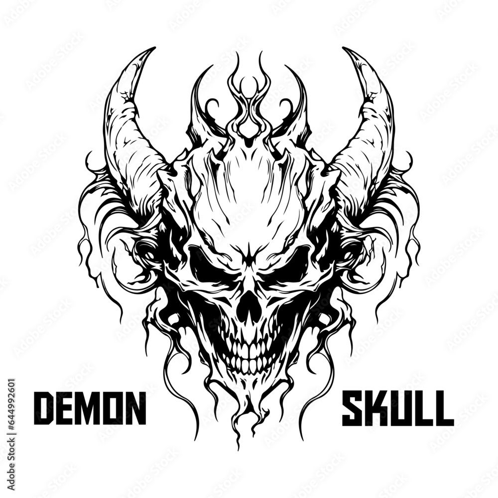 Monochrome demon skull in vector. Logo, label, emblem, sign, poster, tee - PNG, Transparent Background Monochrome demon skull in vector. Logo, label, emblem, sign, poster, tee - PNG, Transparent Background