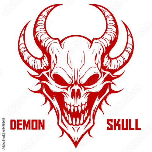 Vectorized monochromatic demon skull artwork. Skull with horned design suitable for logo, label, emblem, sign, brand mark, poster, and t-shirt printing - PNG, Transparent Background
