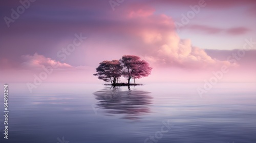 Isolated Blooms: Pink Trees Gracing a Tiny Island, Standing Alone Yet Radiating Beauty Amidst the Vast Waters