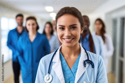 Smiling young girl doctor in blue coat stands in hospital corridor. Hospital staff in background.