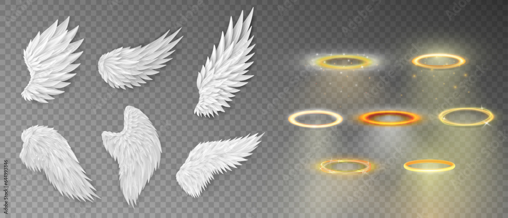 Collection of 7 three dimensional angel white wings and shiny nimbus ...