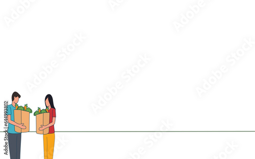 young couple shopping for organic vegetables. eco-friendly shopping bag. shopping time, spending money, frugal shopping with flat design for presentation