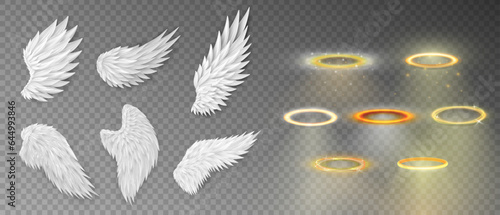 Collection of 7 three dimensional angel white wings and shiny nimbus. Masquerade, festival, carnival costumes. Realistic saint aureole (halo) and wings isolated on transparent background