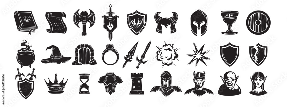 Naklejka premium Game fantasy icon set, vector magic dungeon dragon RPG sign, medieval warrior avatar, fairytale sign. Knight battle sword, armour helmet, power weapon, witch hat, potion cauldron. Fantasy icon kit