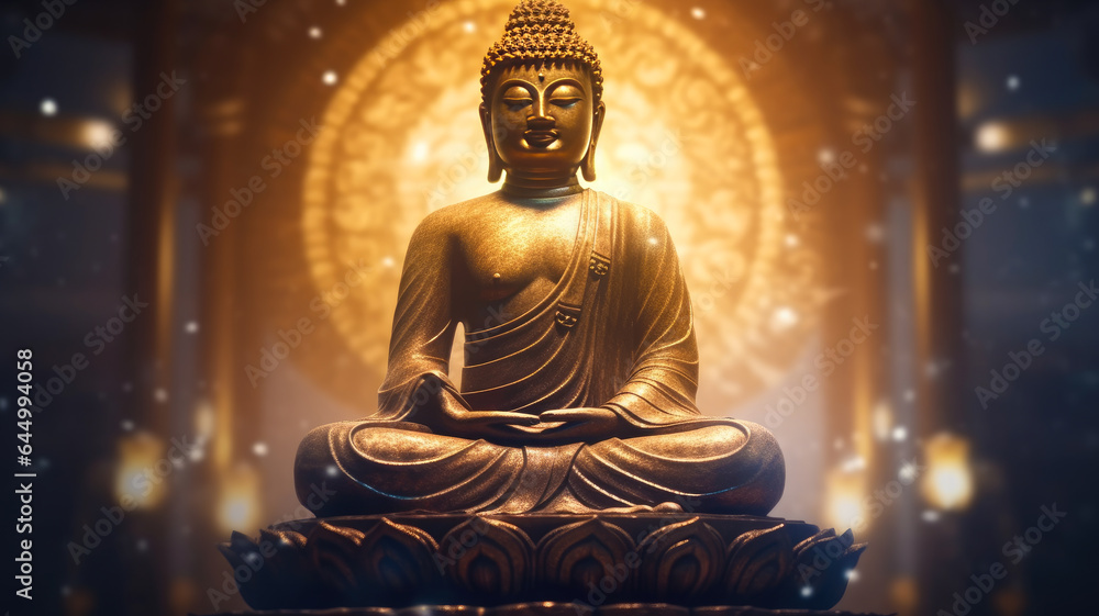 Enlightenment's Glow - Radiant Light Emanating from Buddha Statue Symbolizing Spiritual Illumination, AI-Generated 8K Image.  - obrazy, fototapety, plakaty 
