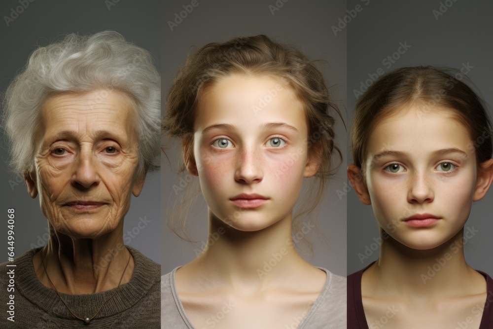 Elderly woman, young girl, and child. Aging from childhood to old Stock ...