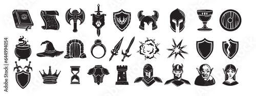 Game fantasy icon set, vector magic dungeon dragon RPG sign, medieval warrior avatar, fairytale sign. Knight battle sword, armour helmet, power weapon, witch hat, potion cauldron. Fantasy icon kit