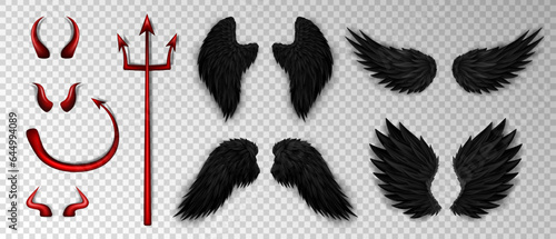 Collection of 3d realistic devil costume elements - red bloody trident, glossy horns, daemon tail and various devil black wings on transparent background