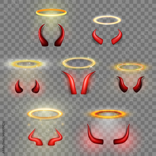 Big set of 14 three dimensional shiny golden nimbus and red devil horns. Vector realistic glossy daemon horns and halo, angel ring isolated in transparent background. Carnival, masquerade elements