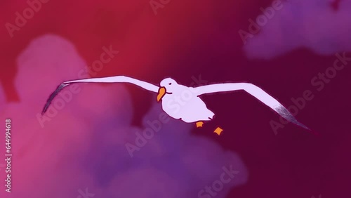 Funny hand drawn Albatross bird soaring in wind and flying above shiny sea and green forest in pink sunset light. Dusk and bird on seaside. Cartoony 2d animation. Animated cartoon. Film grain pixel photo