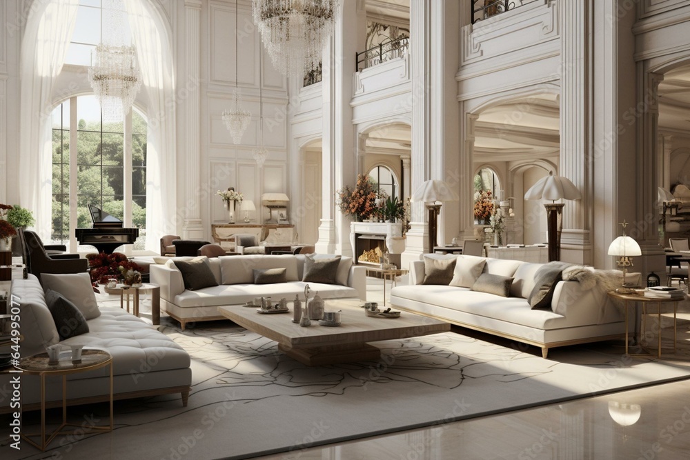 3D rendering of opulent home living space. Generative AI