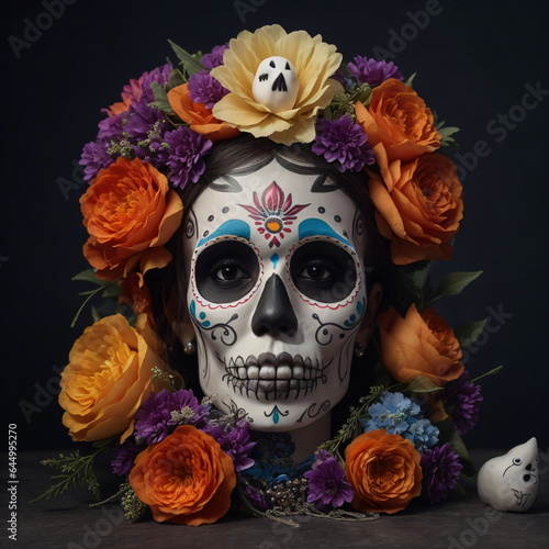 Traditional day of the dead dia de muertos skull. Dia de los Muertos. Day of The Dead. Woman with sugar skull makeup on a floral background