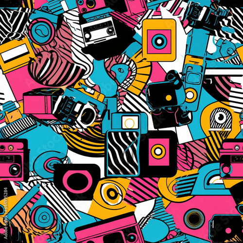 Retro photo camera collage art repeat pattern