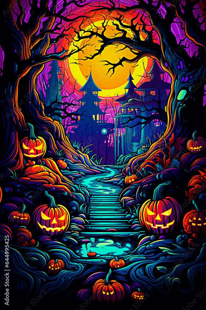 Halloween night background with pumpkins and scary trees. Digital illustration. Selective focus.  