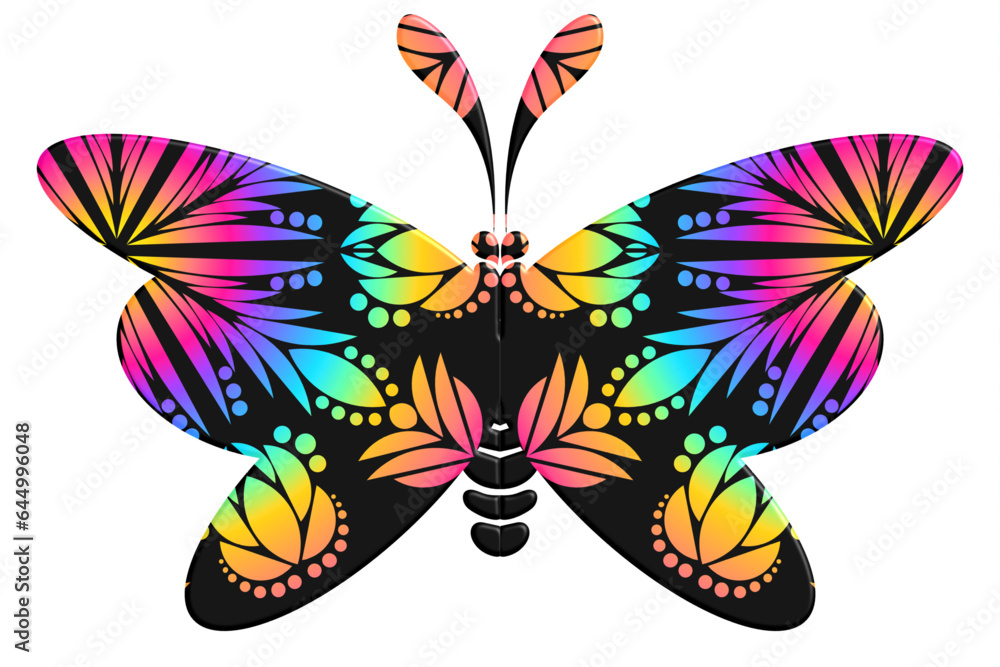 Beautiful butterfly design with colourful gradient flowers line art batik ethnic dayak ornament pattern