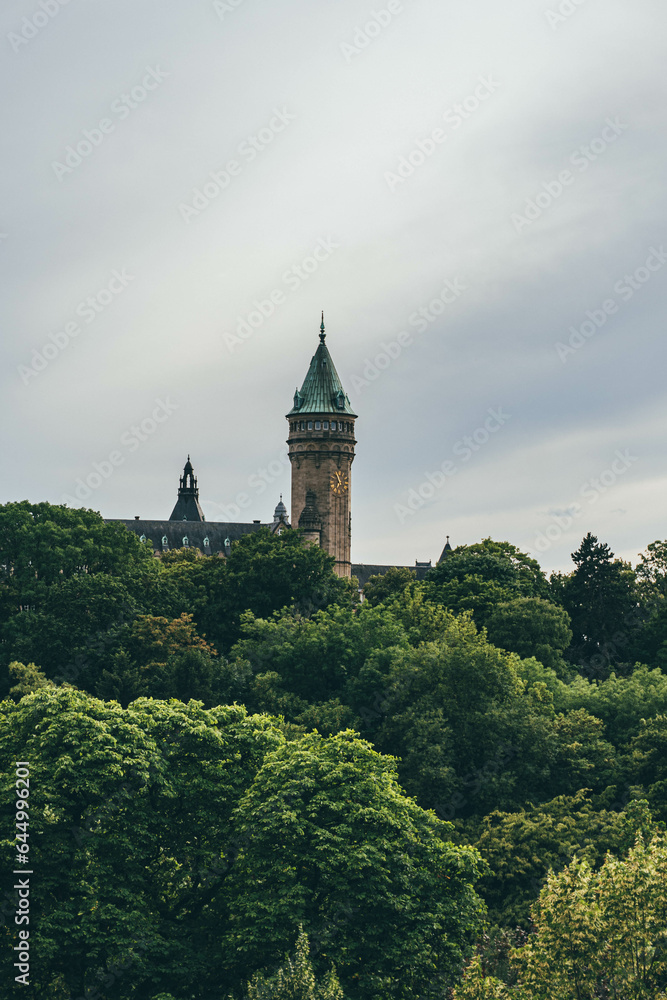 view of tower building with clock surrounded by beautiful green park forest 