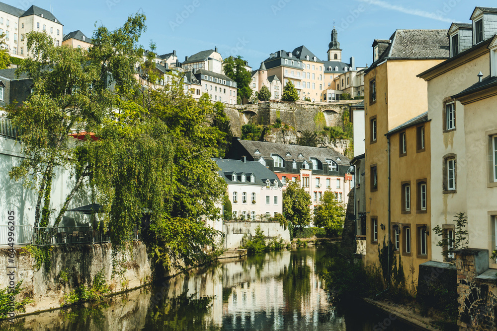 old town in luxembourg on summer day with bridge and beautiful houses