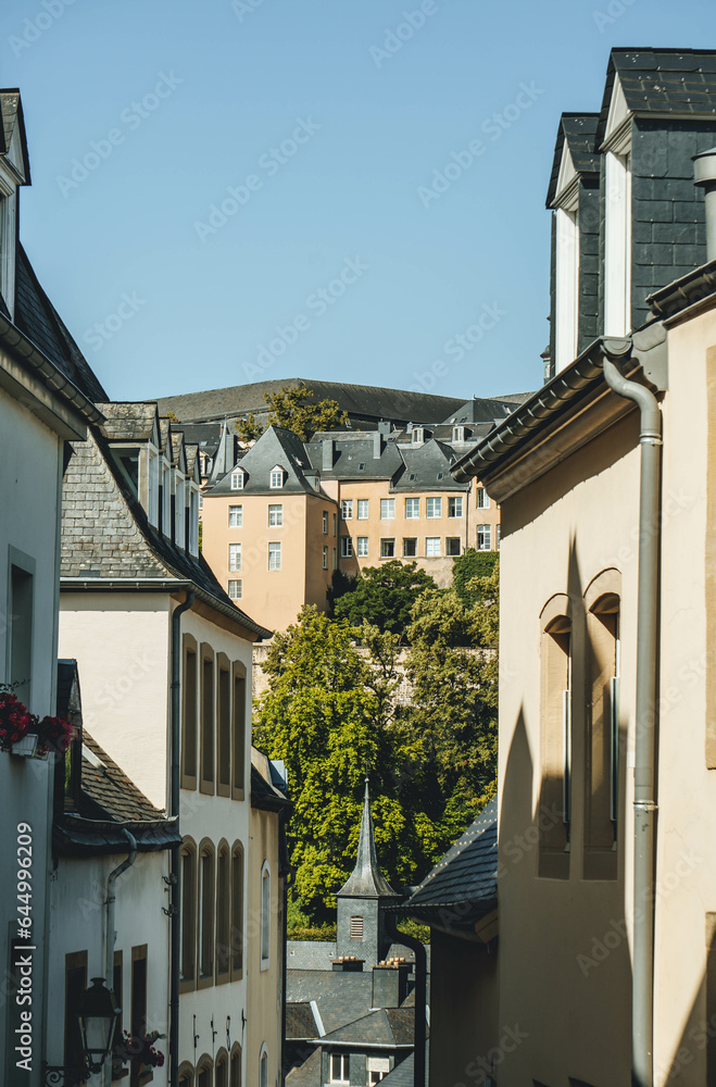 old town in luxembourg street view on summer day with bridge and beautiful houses