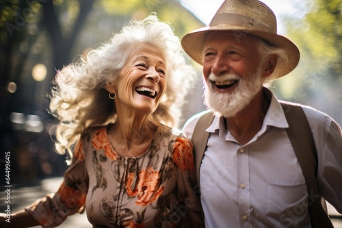 fashionable, smiling elderly couple walking in the park. Generative Ai © marimalina