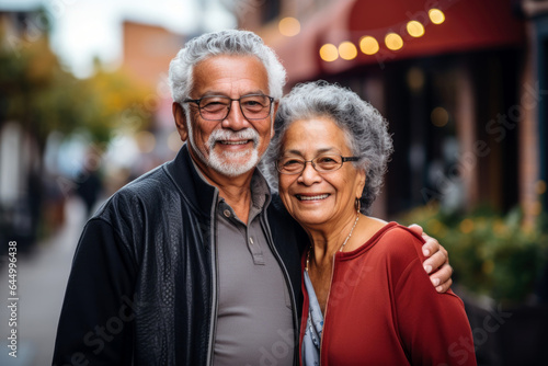 portrait of happy senior couple hugging outdoors. Generative Ai