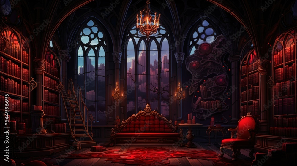 Fantasy gothic library in the style of anime aesthetic, black and red vibrant stage backdrops