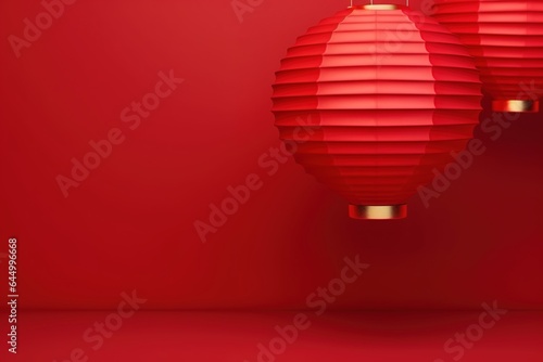 Two 3D realistic lanterns illuminating vibrant red background. Chinese New Year festivities.