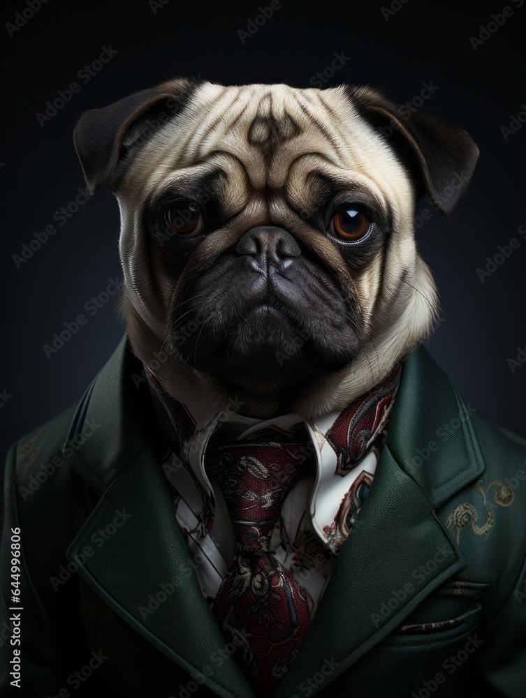 Portrait of a Pug in a Suit and Tie