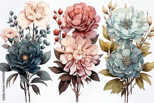 Watercolor illustration bouquet from flowers peonies clipart by hand on white background.